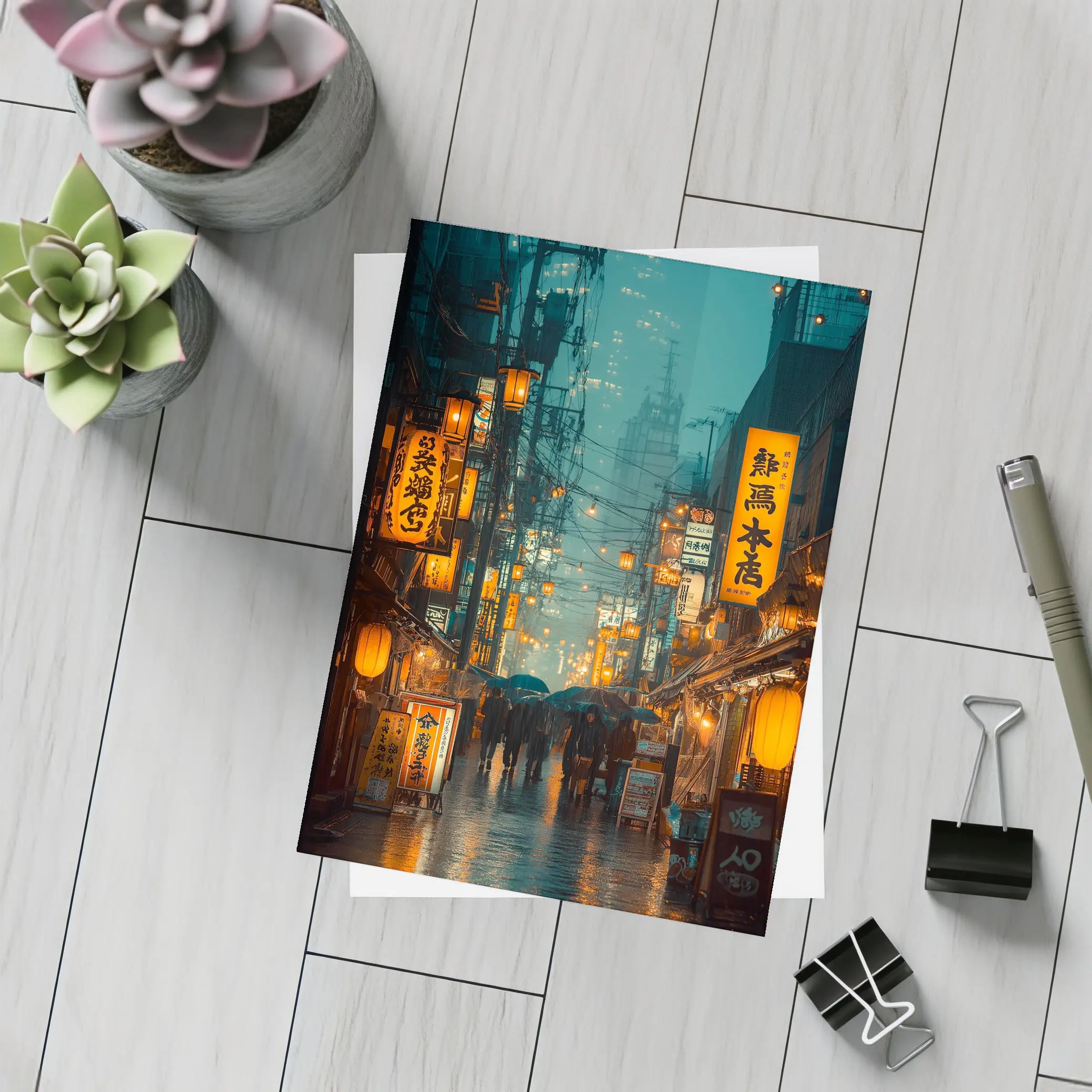 Rainy Tokyo Street Glowing Lanterns Night – Postcards