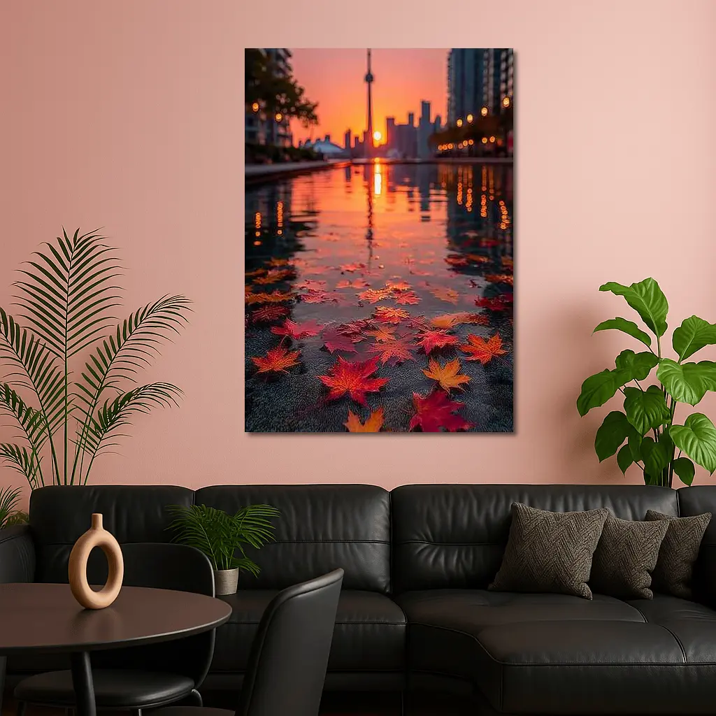 Toronto CN Tower Autumn Leaves Sunset Reflection – Wall Art