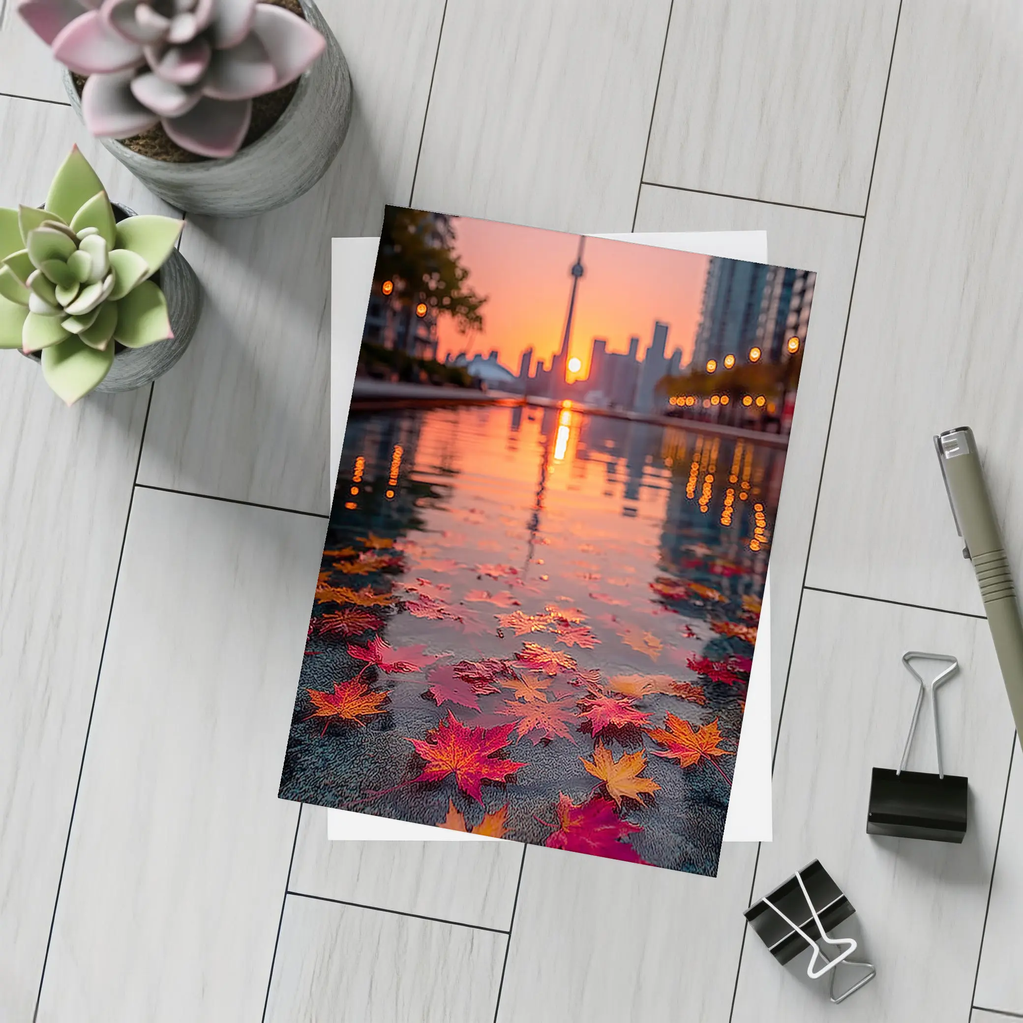 Toronto CN Tower Autumn Leaves Sunset Reflection – Postcards