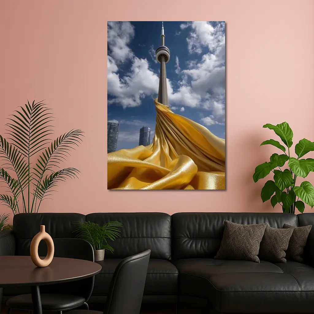 CN Tower Gold Silk Fabric Toronto Sky – Wall Art