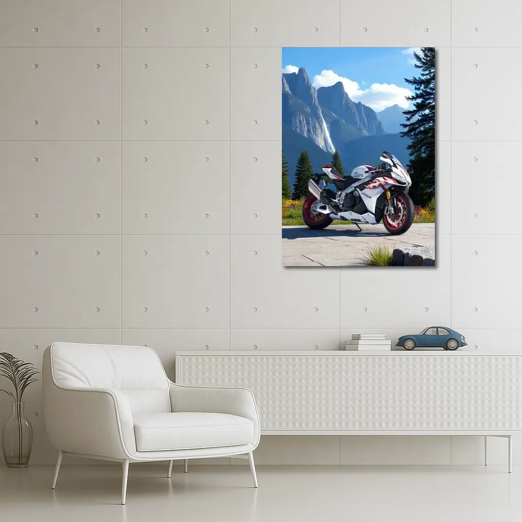 Sport Bike Superbike Mountain Waterfall Scenic View – Wall Art