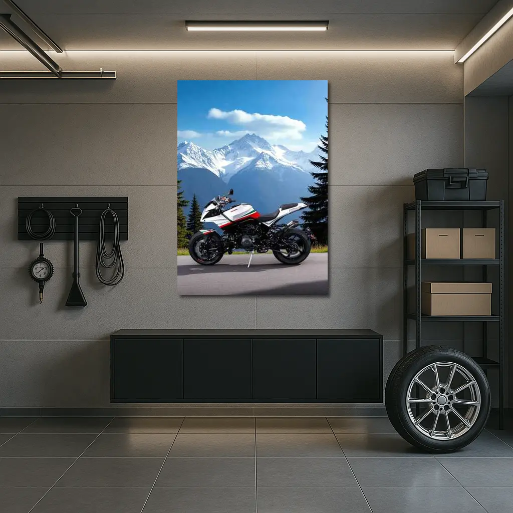 Aprilia Motorcycle Parked Against Snowy Mountains – Wall Art