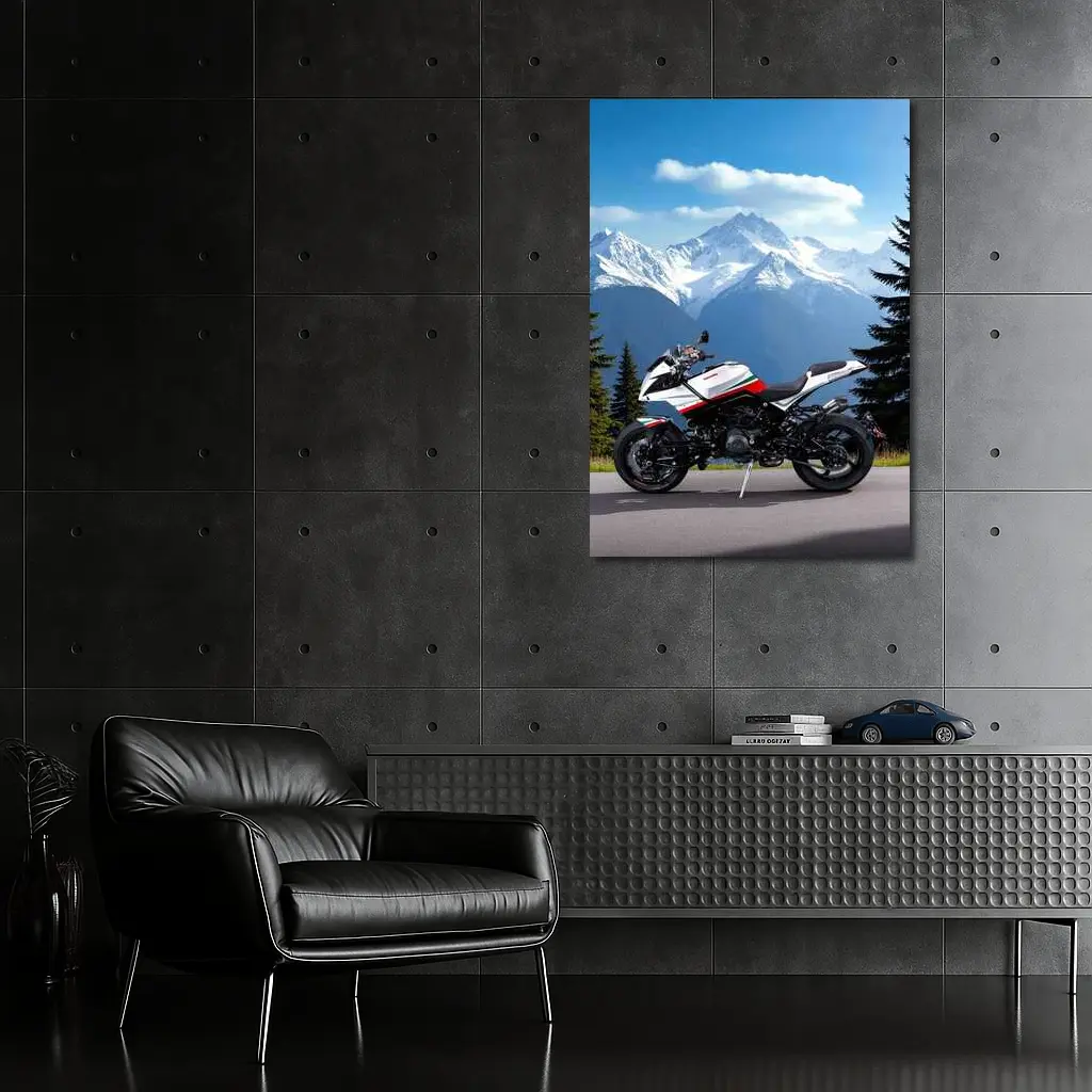 Aprilia Motorcycle Parked Against Snowy Mountains – Wall Art