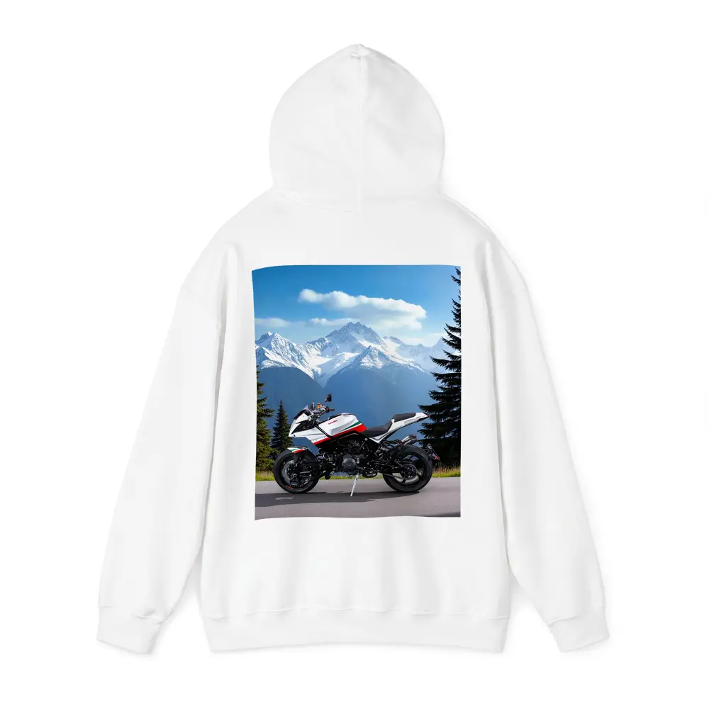 Aprilia Motorcycle Parked Against Snowy Mountains – Hoodies