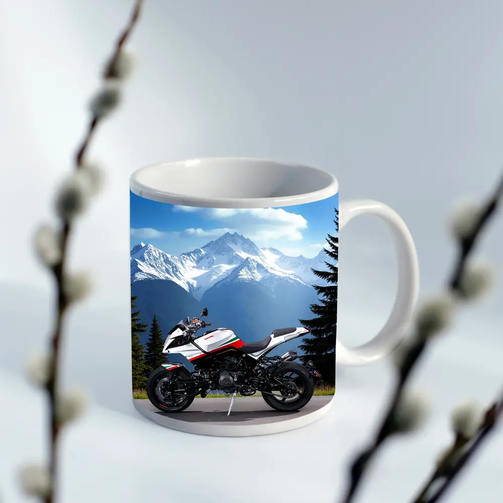 Aprilia Motorcycle Parked Against Snowy Mountains – Mugs