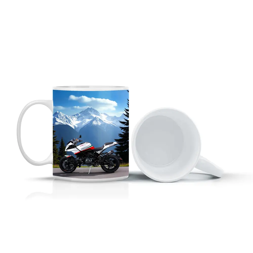 Aprilia Motorcycle Parked Against Snowy Mountains – Mugs