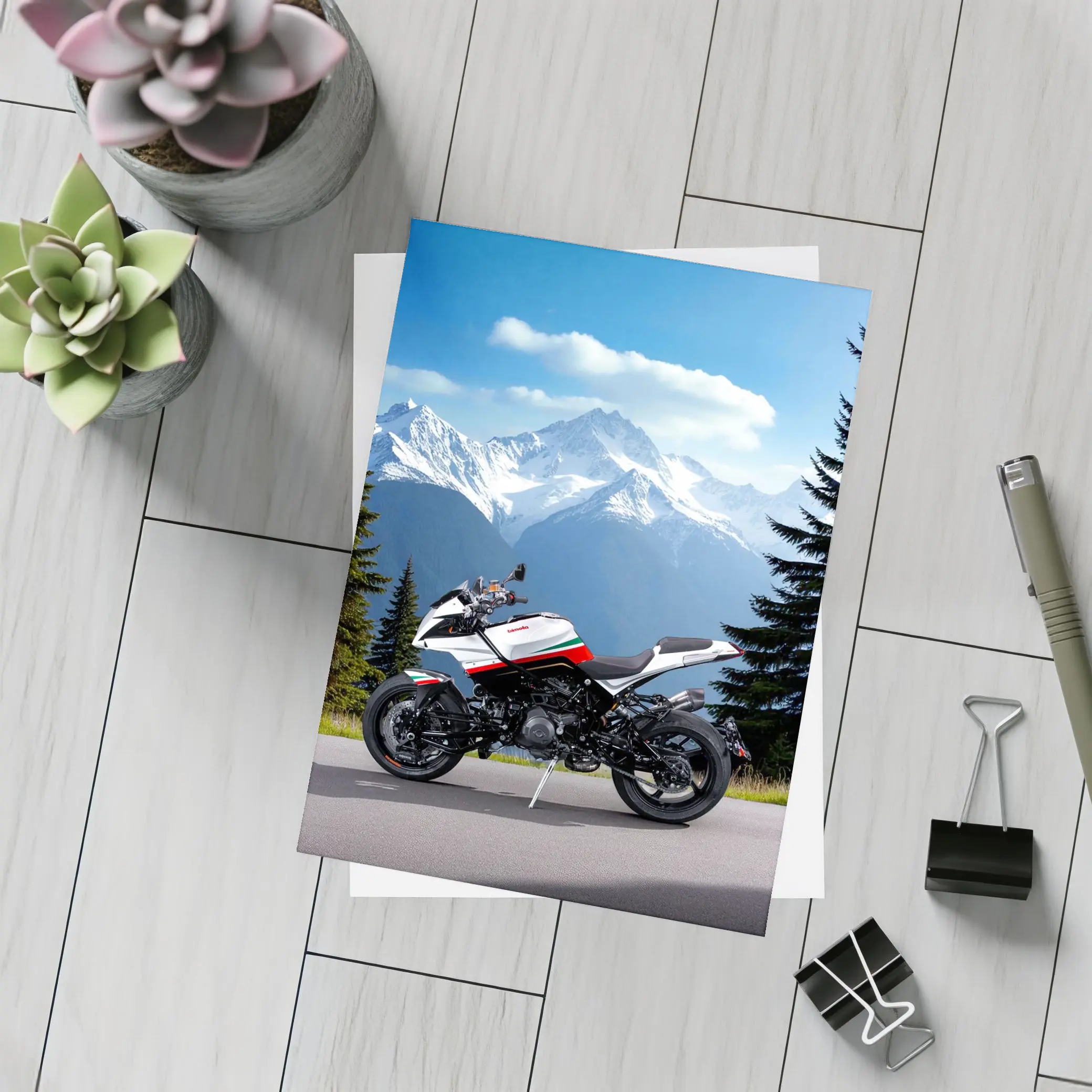 Aprilia Motorcycle Parked Against Snowy Mountains – Postcards