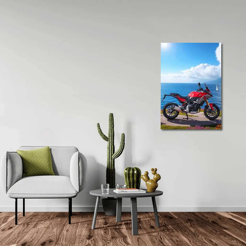 BMW Motorcycle Red Coastal Ocean Blue Sky – Wall Art