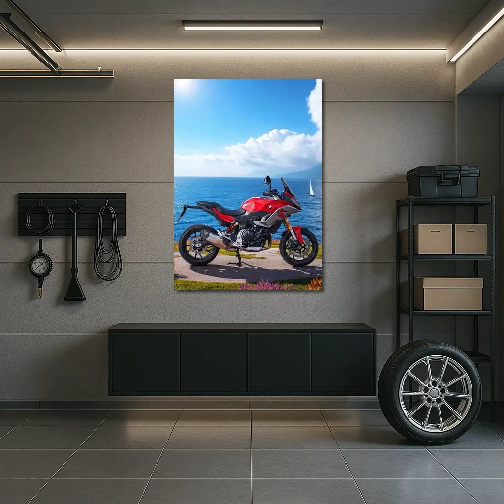 BMW Motorcycle Red Coastal Ocean Blue Sky – Wall Art