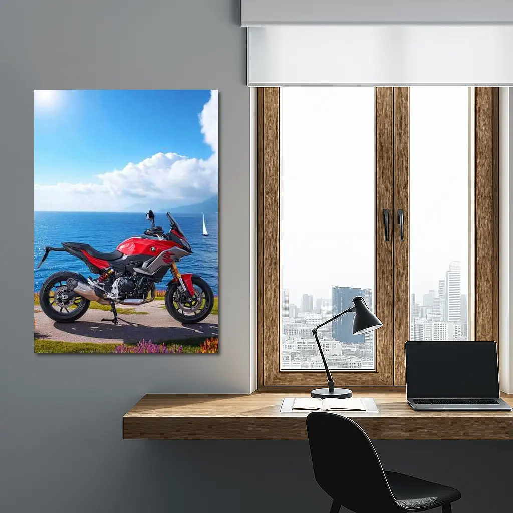 BMW Motorcycle Red Coastal Ocean Blue Sky – Wall Art