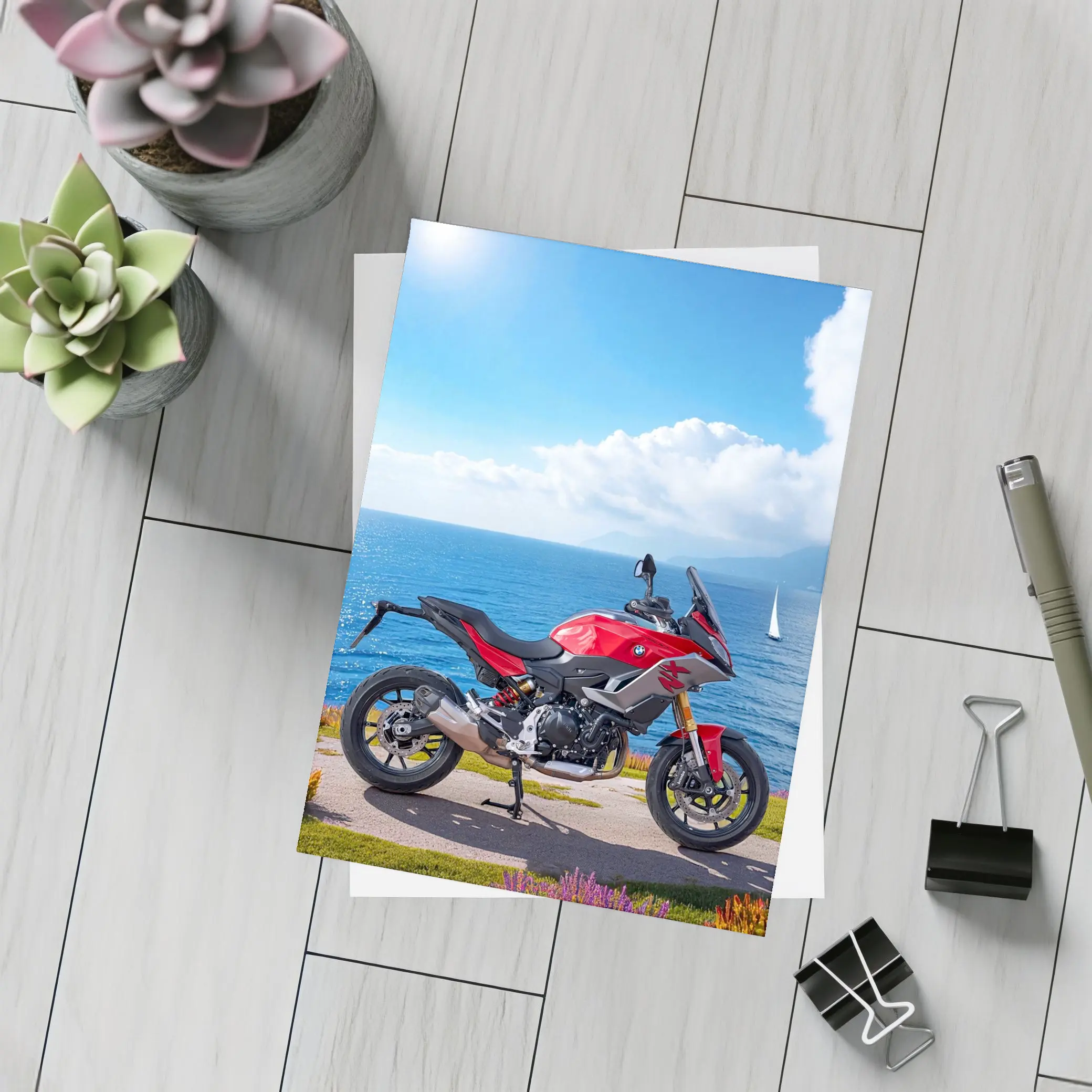 BMW Motorcycle Red Coastal Ocean Blue Sky – Postcards