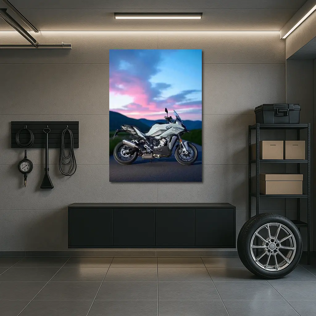 BMW Motorcycle Parked at Dusk Sky – Wall Art