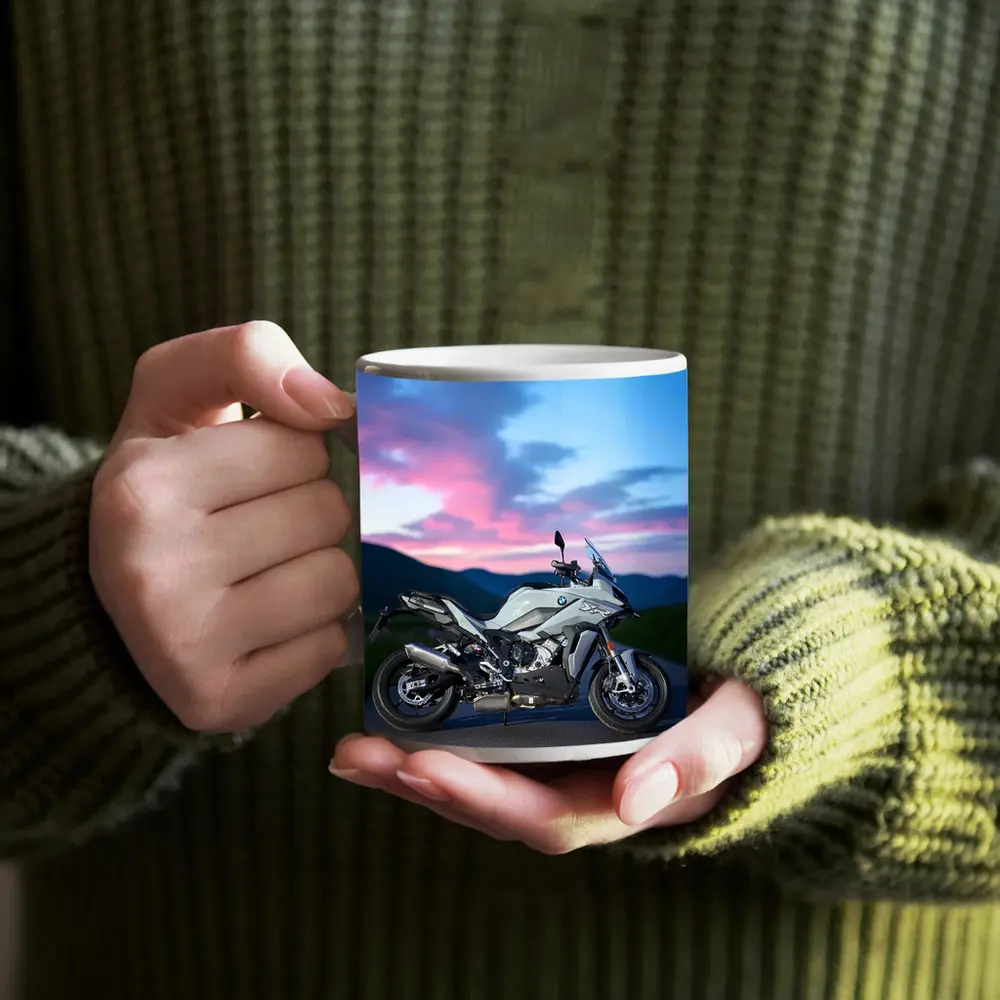 BMW Motorcycle Parked at Dusk Sky – Mugs