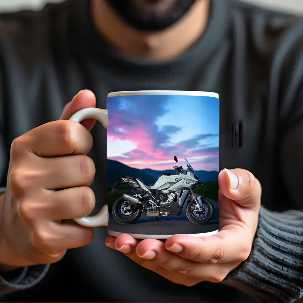 BMW Motorcycle Parked at Dusk Sky – Mugs