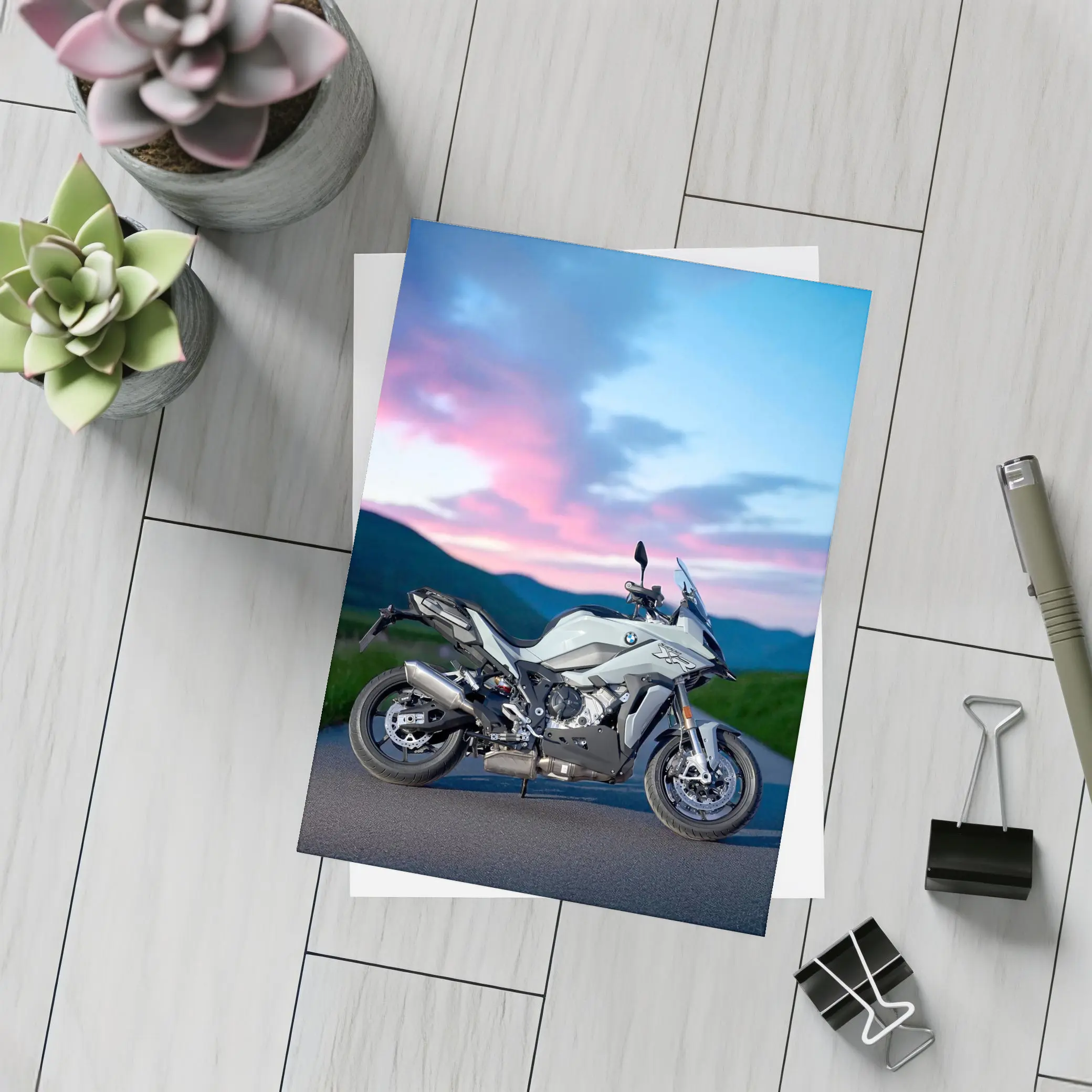 BMW Motorcycle Parked at Dusk Sky – Postcards