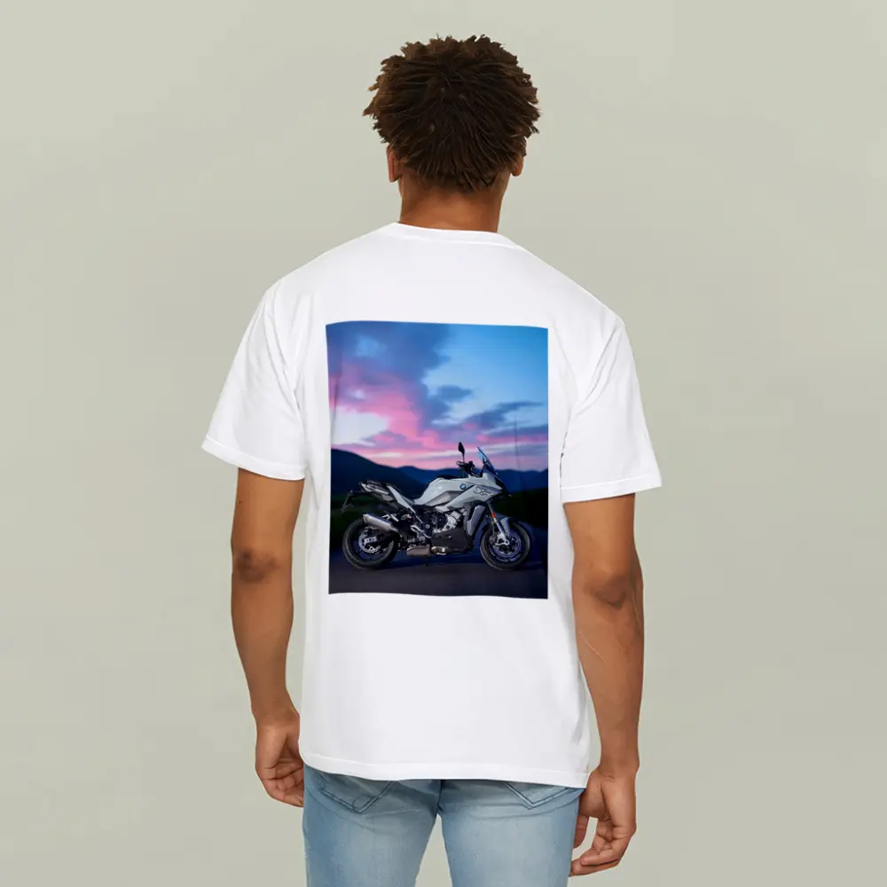 BMW Motorcycle Parked at Dusk Sky – T-Shirts