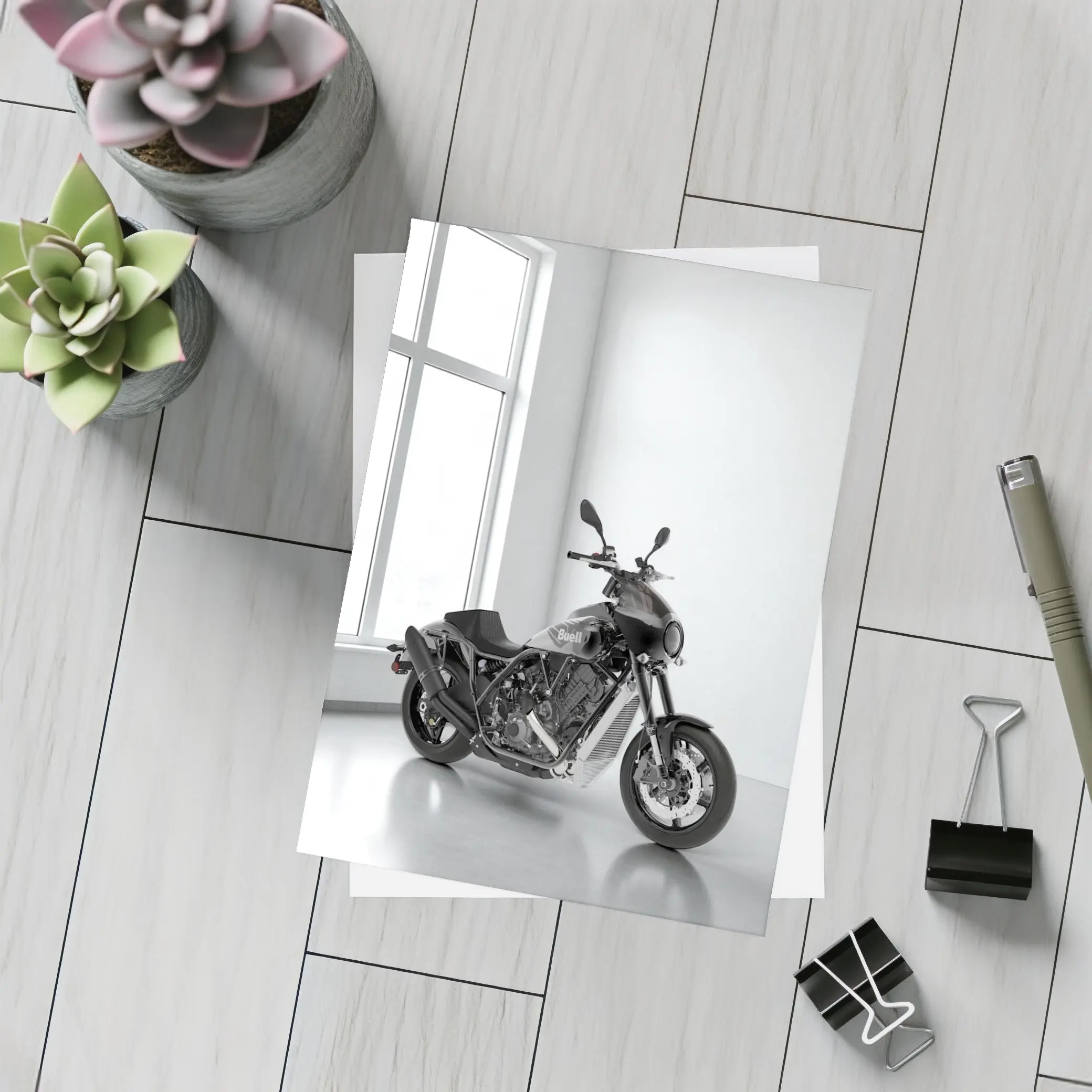 Buell Motorcycle Parked In White Studio – Postcards