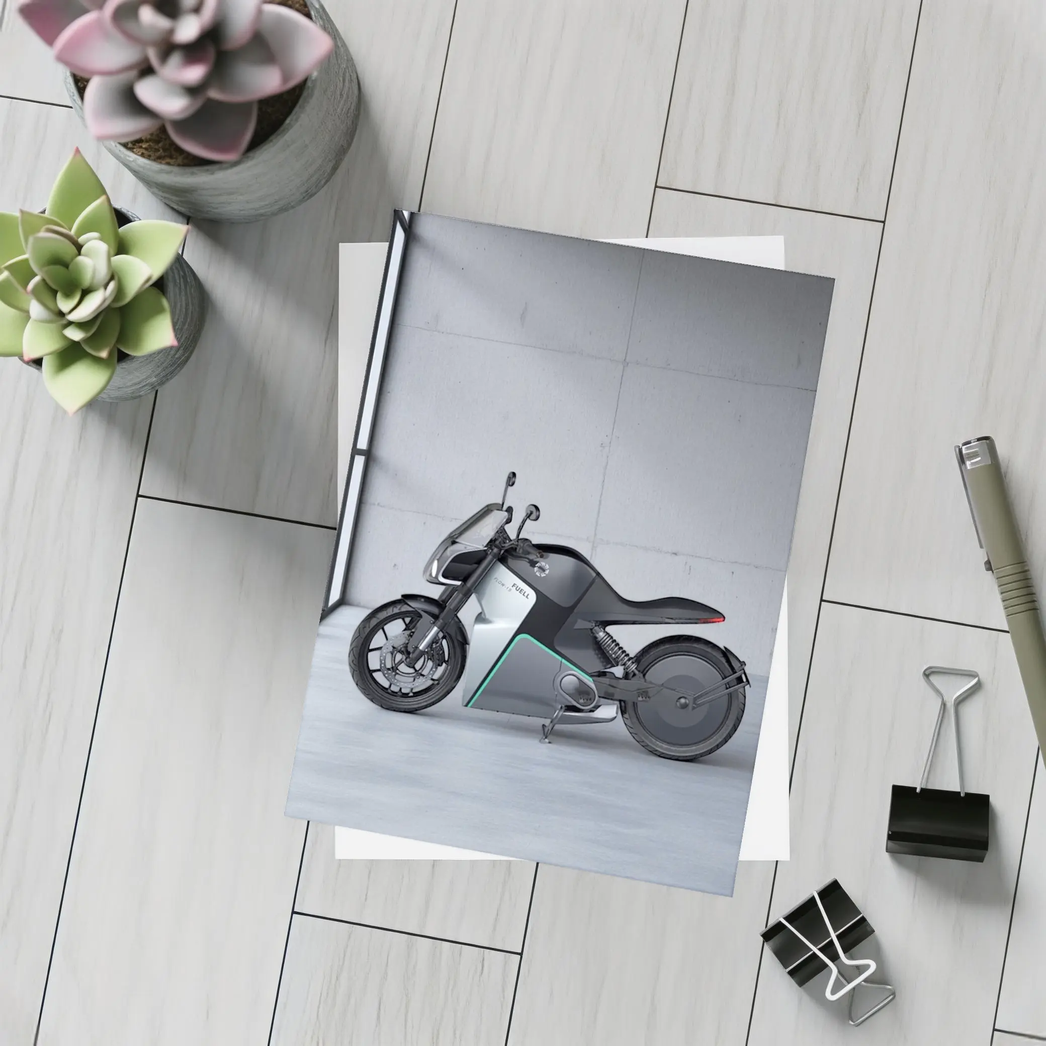 Fuell Electric Motorcycle Concrete Studio Setting – Postcards
