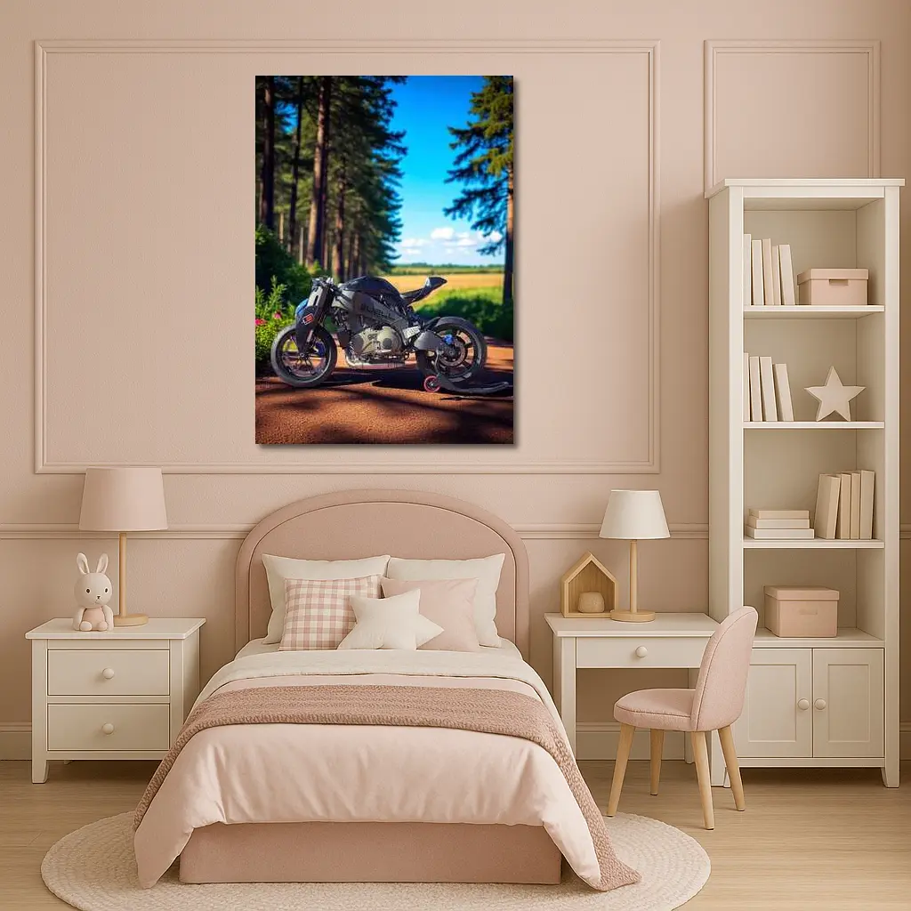 Buell Motorcycle Parked On Forest Road – Wall Art