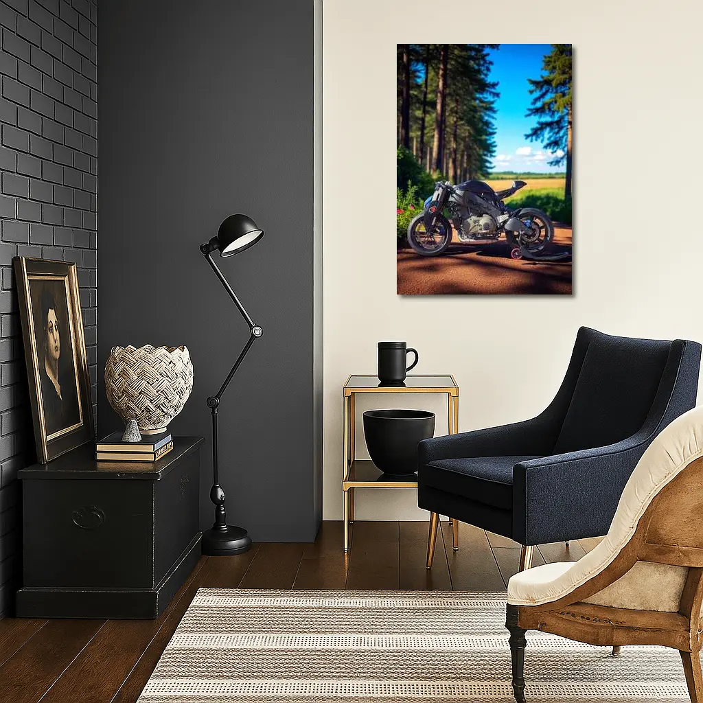 Buell Motorcycle Parked On Forest Road – Wall Art