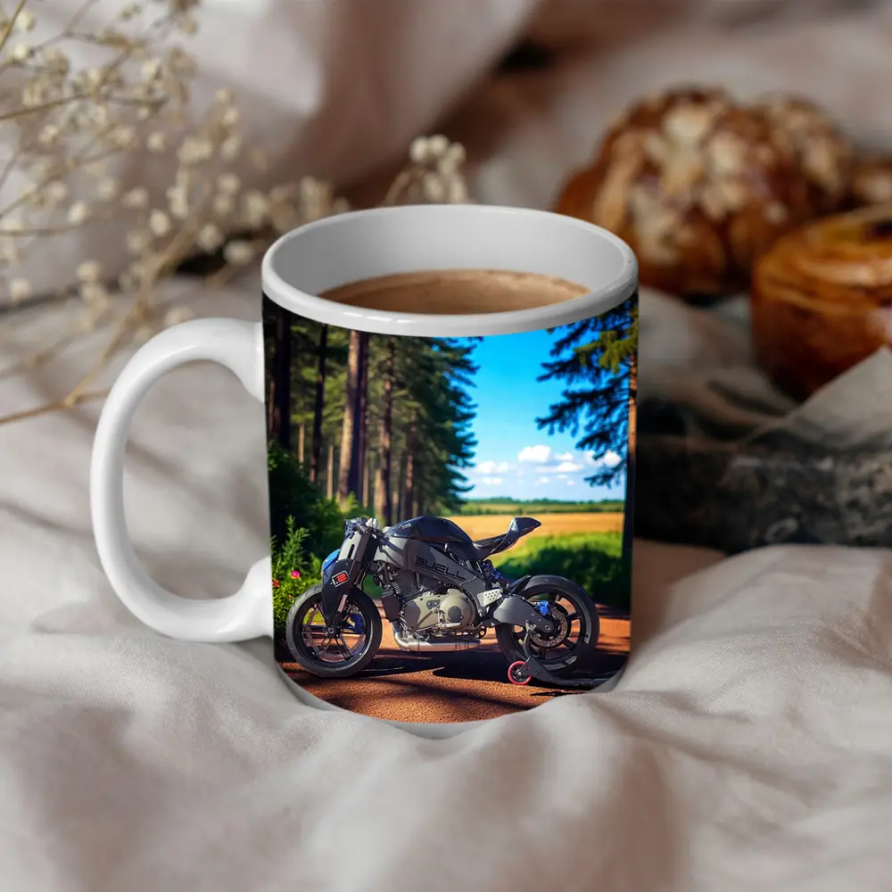 Buell Motorcycle Parked On Forest Road – Mugs