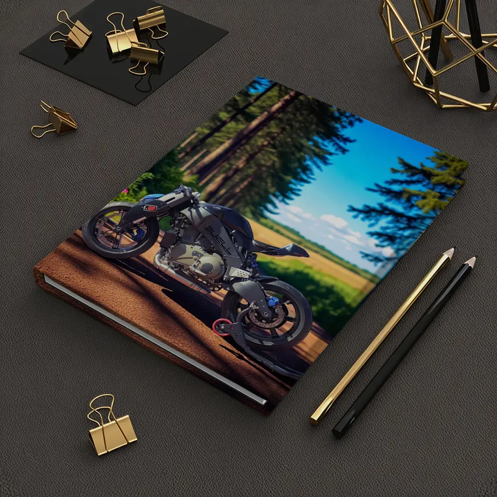 Buell Motorcycle Parked On Forest Road – Notebooks