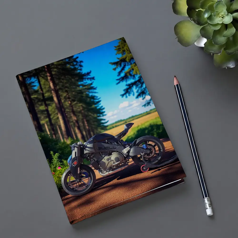 Buell Motorcycle Parked On Forest Road – Notebooks