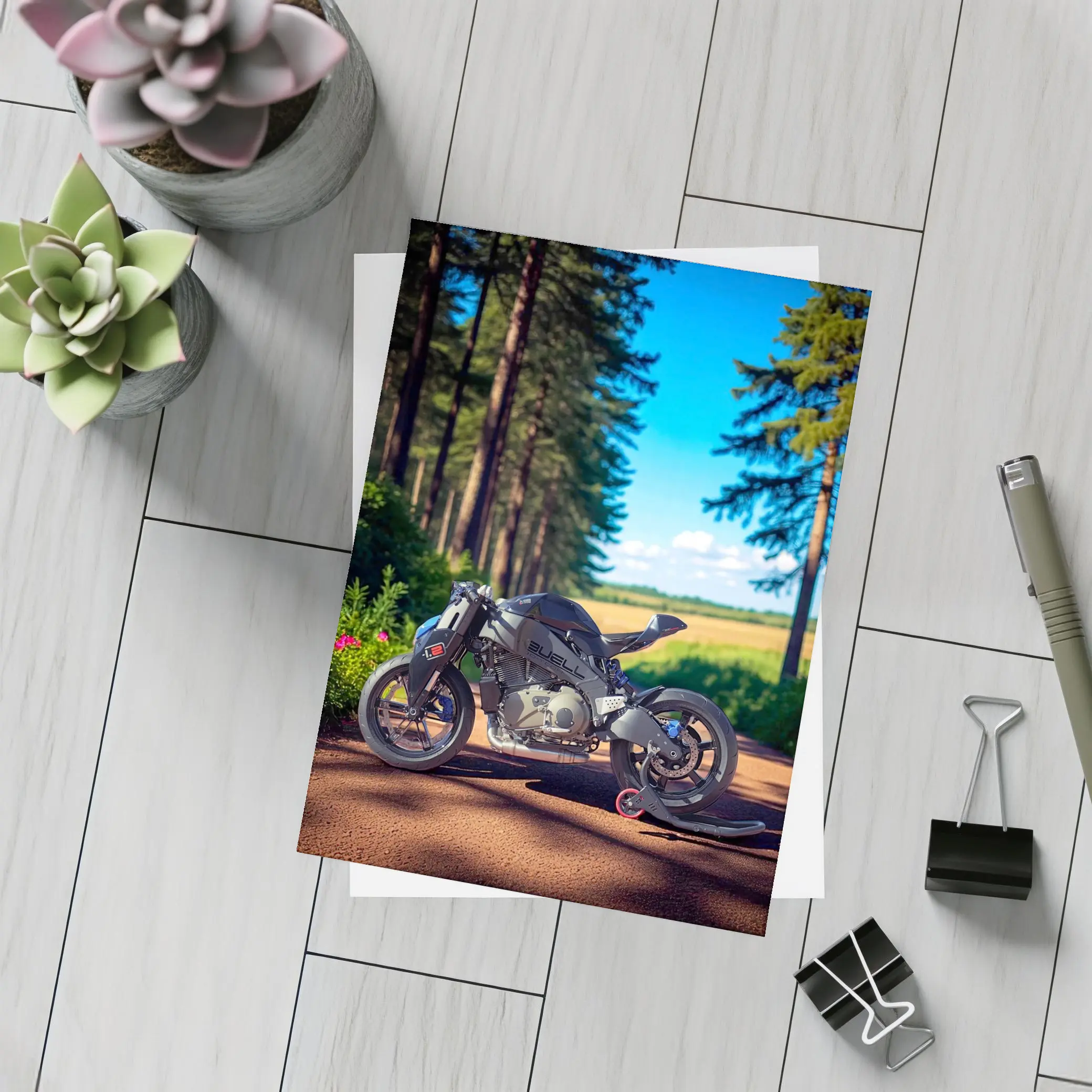 Buell Motorcycle Parked On Forest Road – Postcards