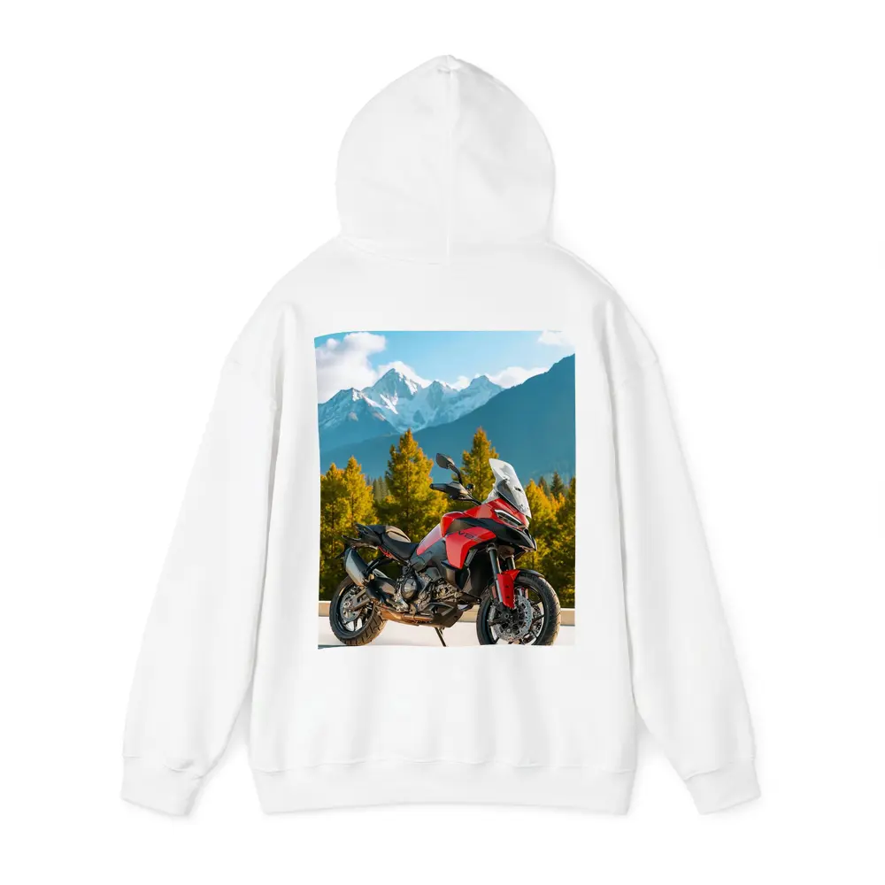Red Ducati Multistrada Adventure Bike Mountain Backdrop – Hoodies