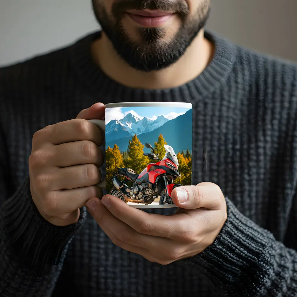 Red Ducati Multistrada Adventure Bike Mountain Backdrop – Mugs
