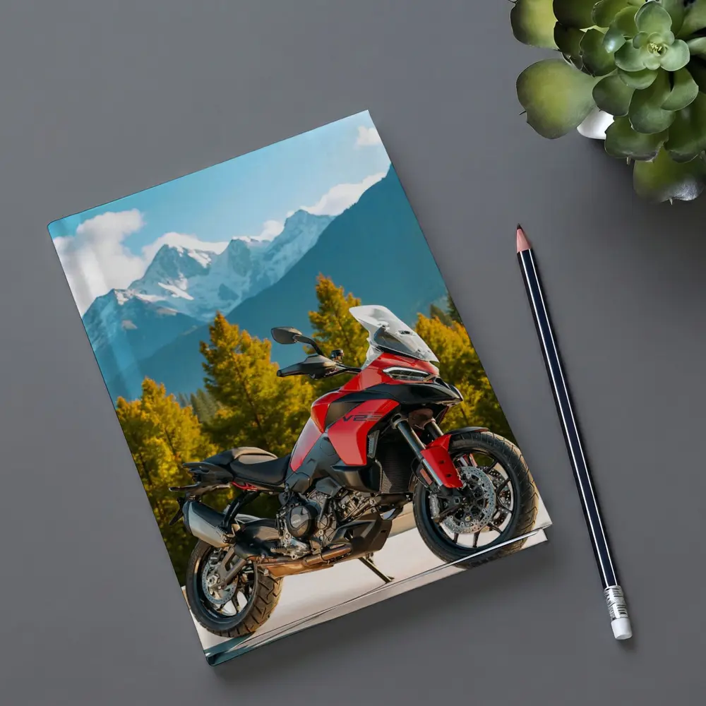 Red Ducati Multistrada Adventure Bike Mountain Backdrop – Notebooks