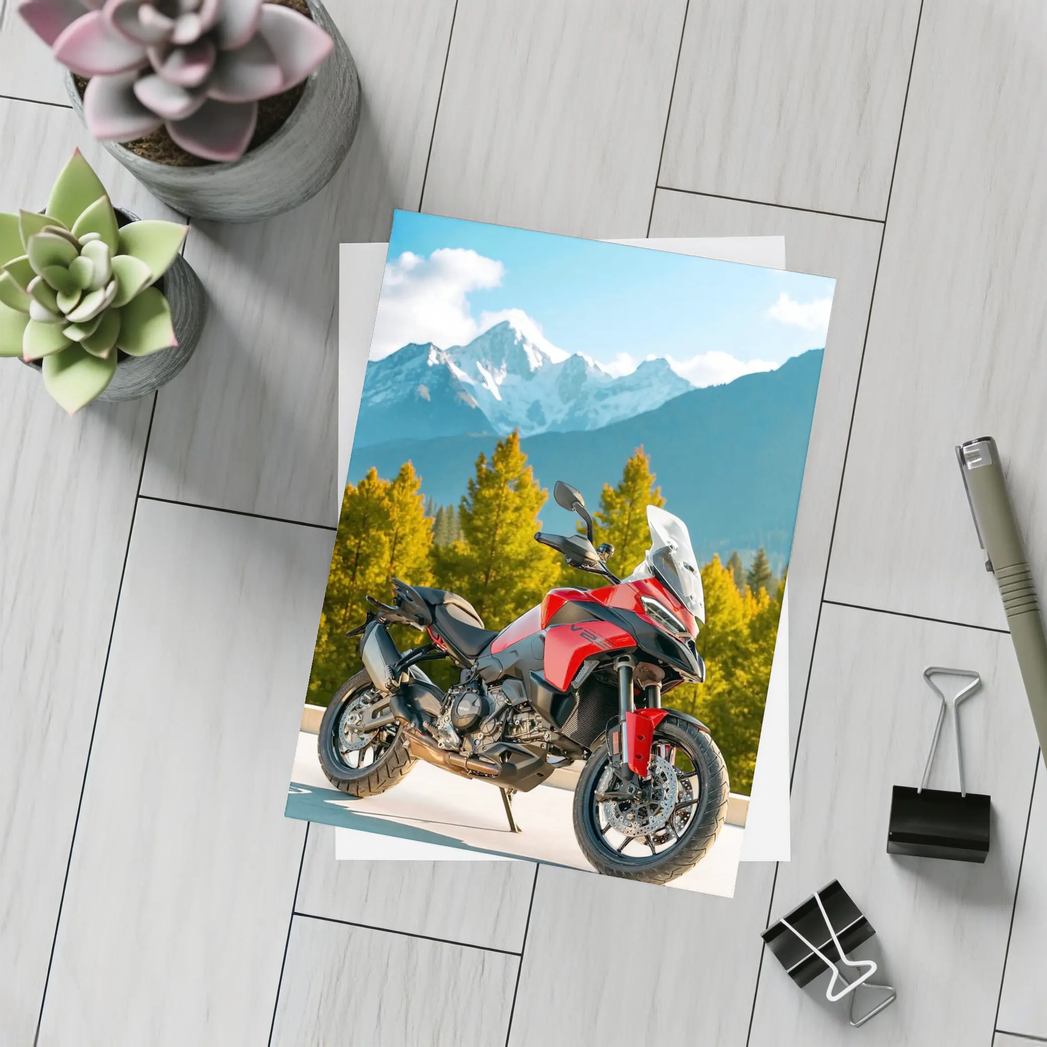 Red Ducati Multistrada Adventure Bike Mountain Backdrop – Postcards