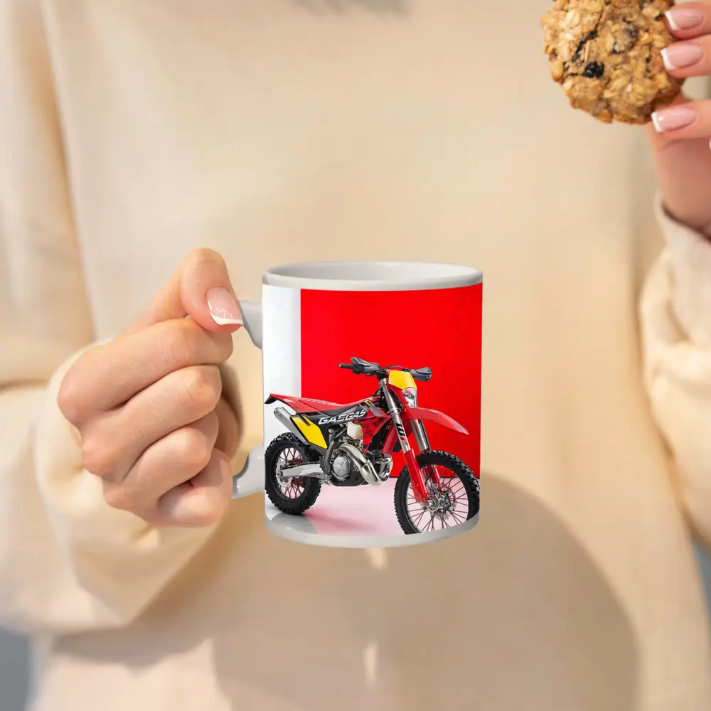 GASGAS Red Dirt Bike Against Red Background – Mugs