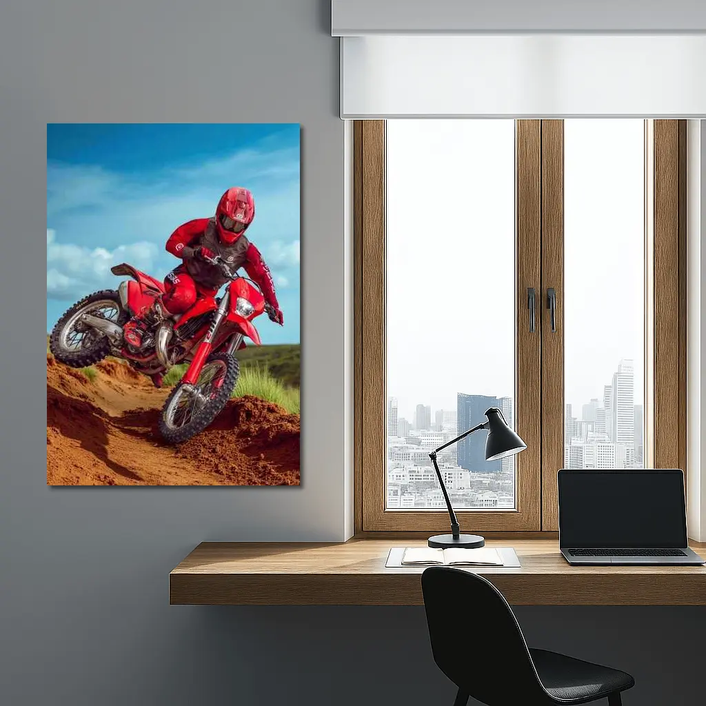 Red Dirt Bike Rider Sandy Motocross Track – Wall Art