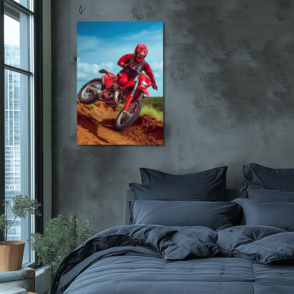 Red Dirt Bike Rider Sandy Motocross Track – Wall Art