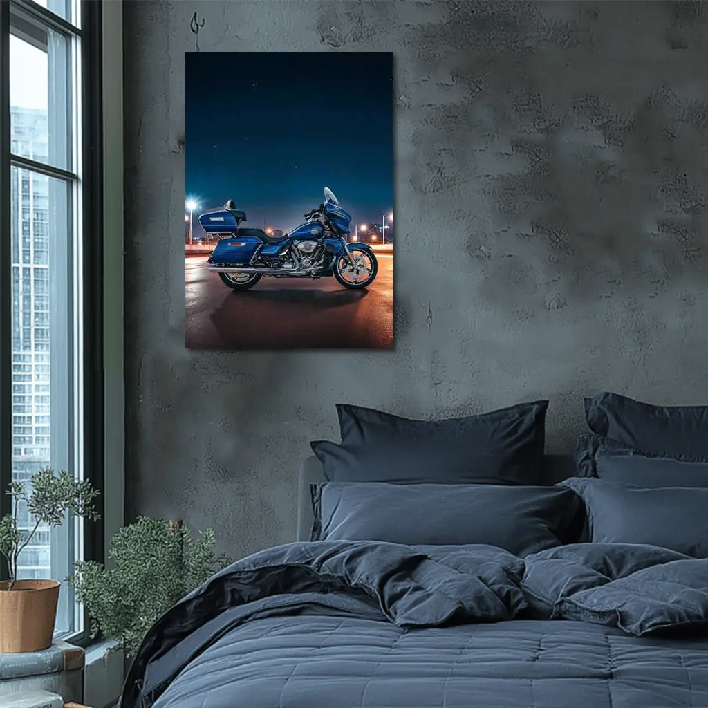 Harley Davidson Touring Motorcycle Blue Night City – Wall Art