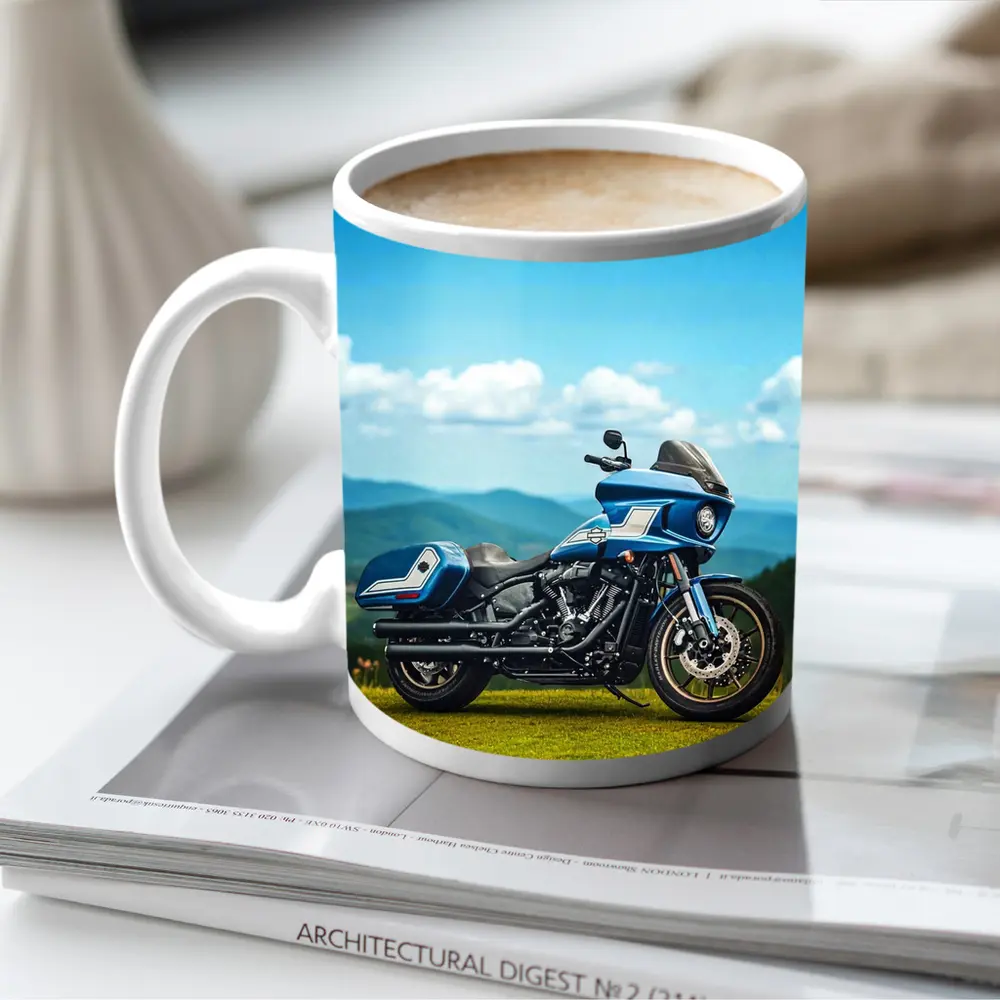 Harley Davidson Low Rider Blue Mountains Background – Mugs