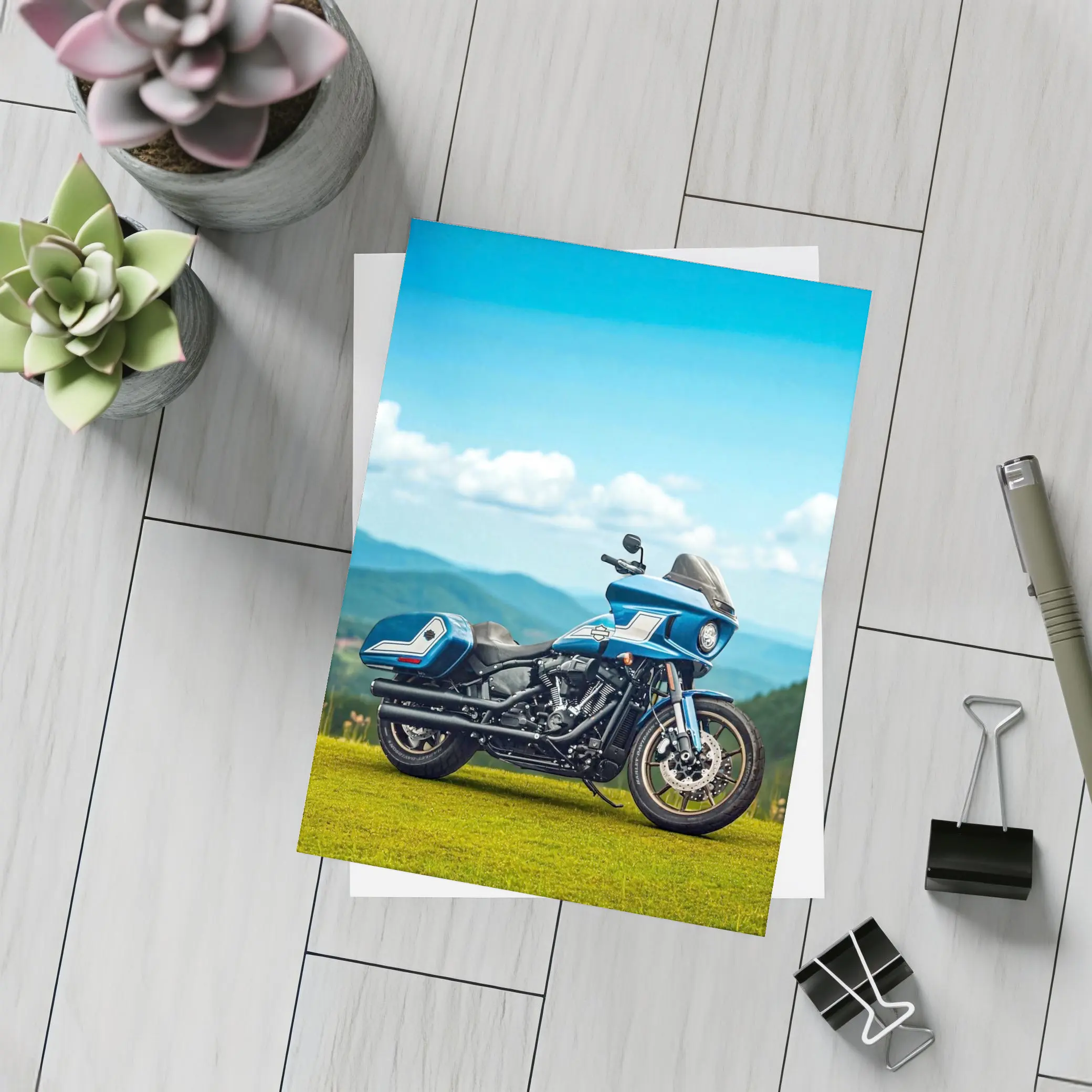 Harley Davidson Low Rider Blue Mountains Background – Postcards