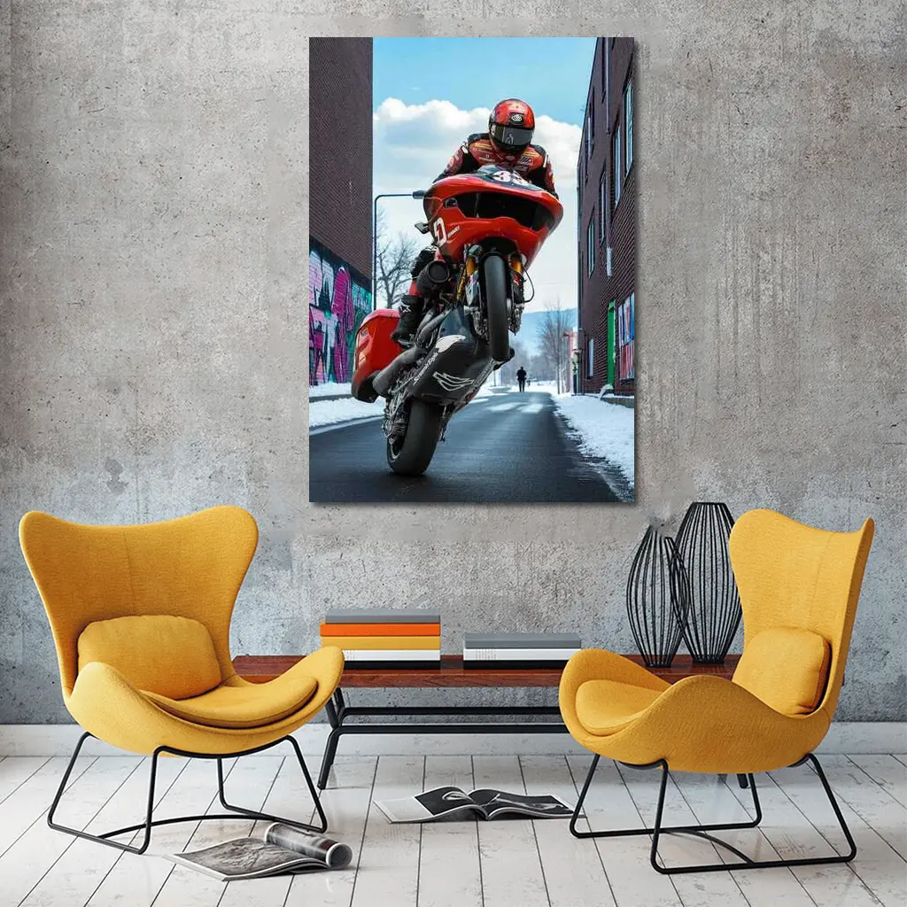 Red Motorcycle Wheelie Urban Street Winter – Wall Art