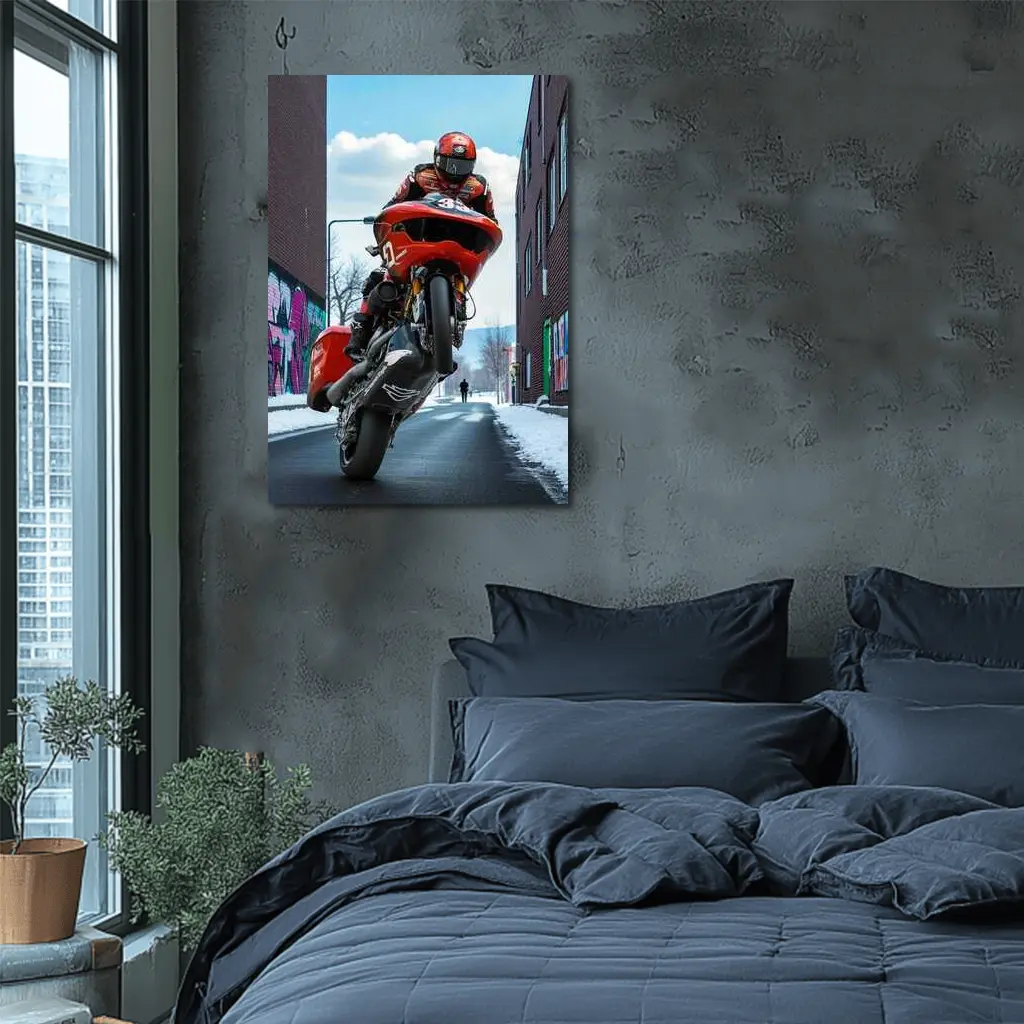 Red Motorcycle Wheelie Urban Street Winter – Wall Art