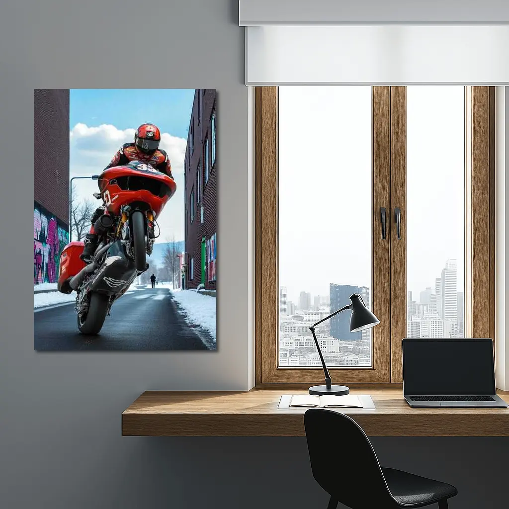 Red Motorcycle Wheelie Urban Street Winter – Wall Art