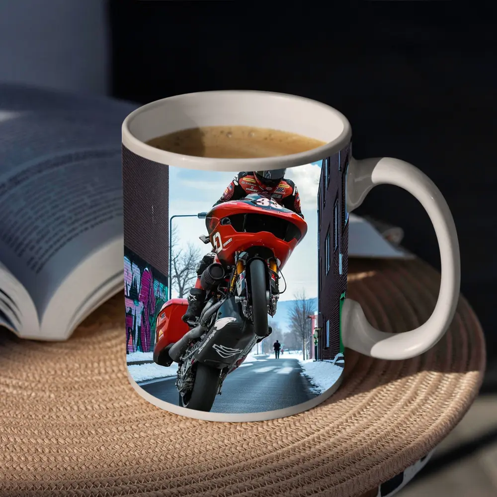 Red Motorcycle Wheelie Urban Street Winter – Mugs