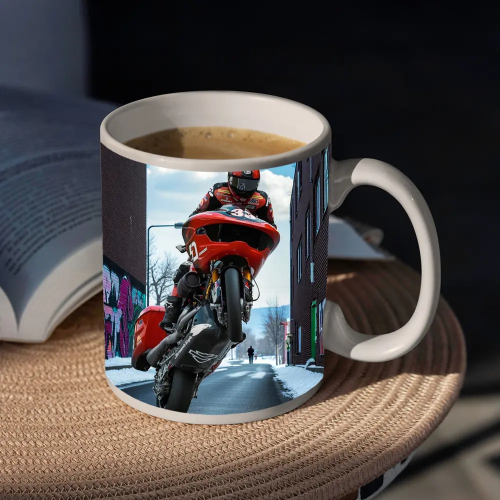 Red Motorcycle Wheelie Urban Street Winter – Mugs