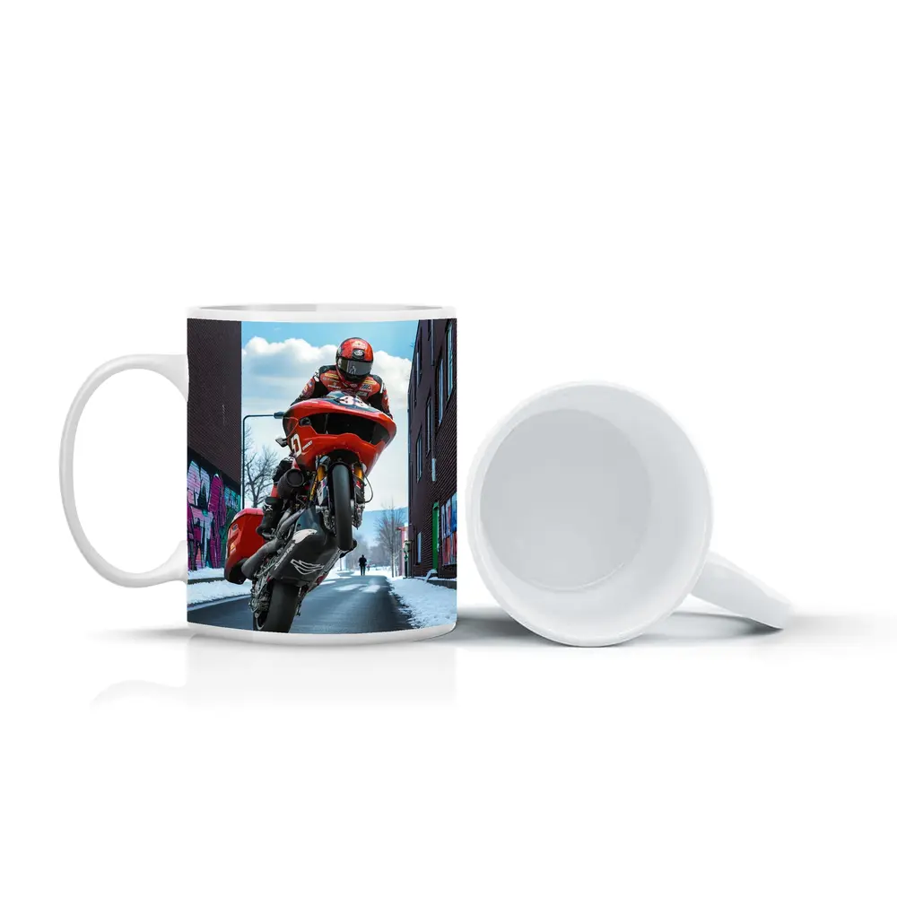 Red Motorcycle Wheelie Urban Street Winter – Mugs
