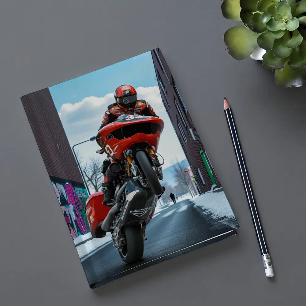 Red Motorcycle Wheelie Urban Street Winter – Notebooks