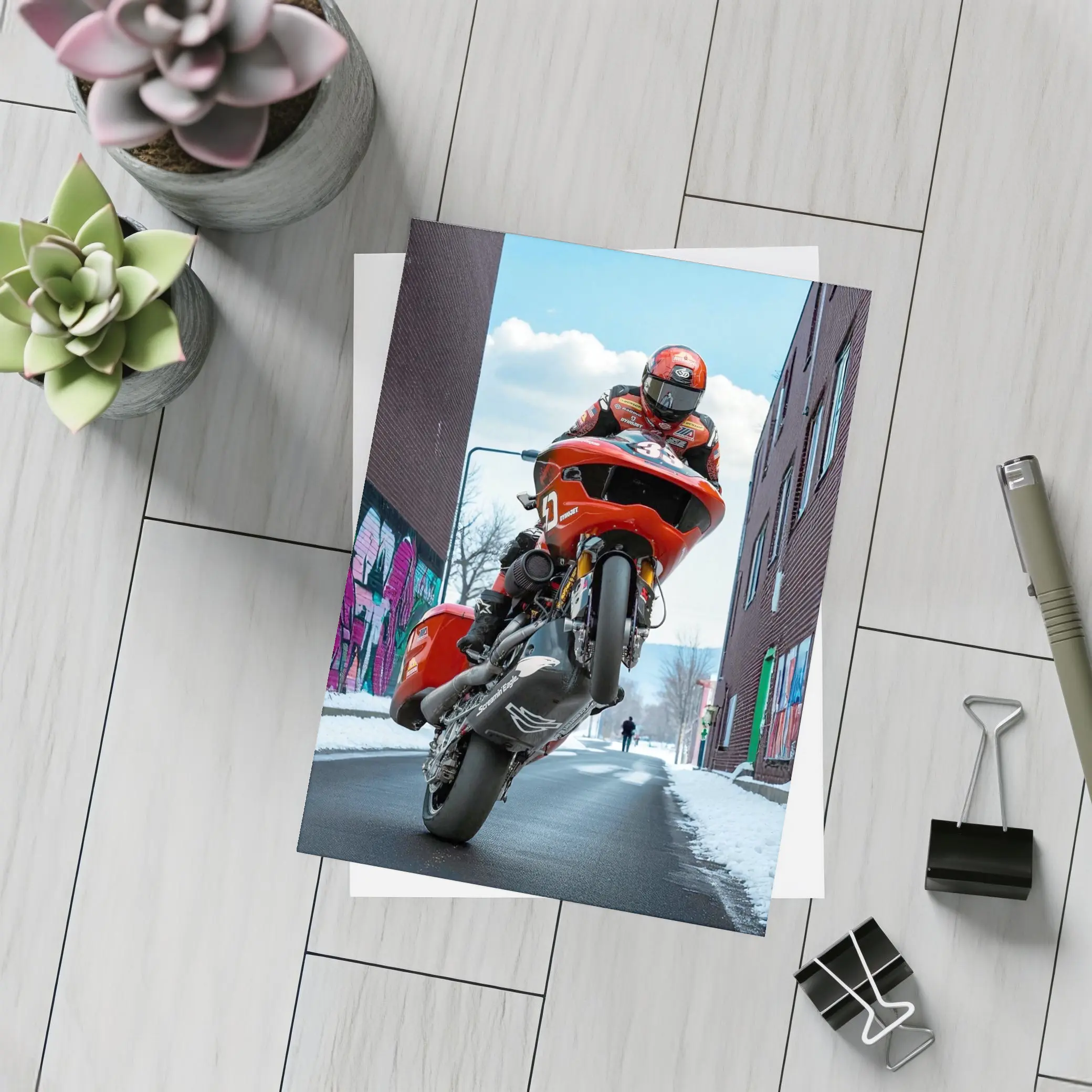 Red Motorcycle Wheelie Urban Street Winter – Postcards