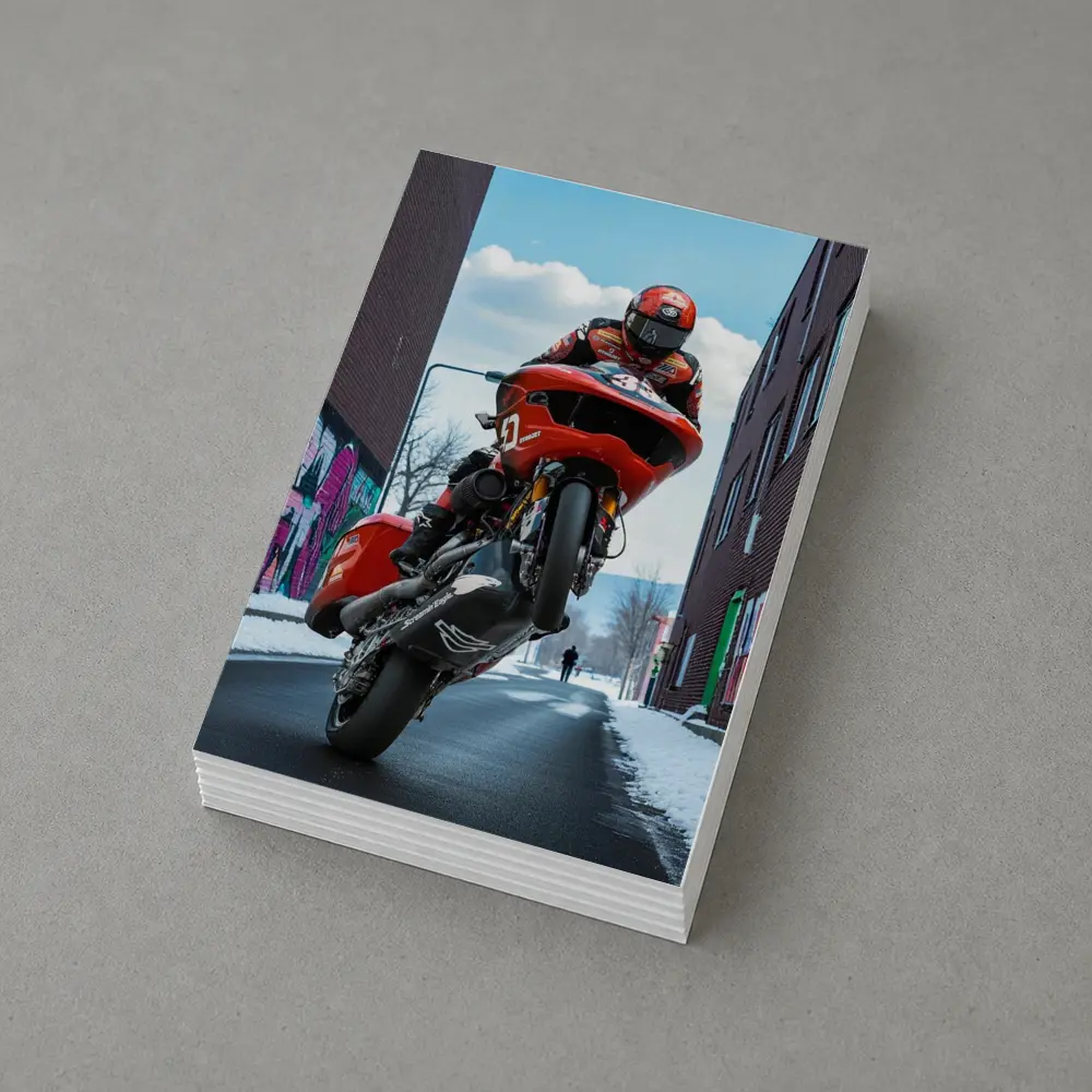 Red Motorcycle Wheelie Urban Street Winter – Postcards