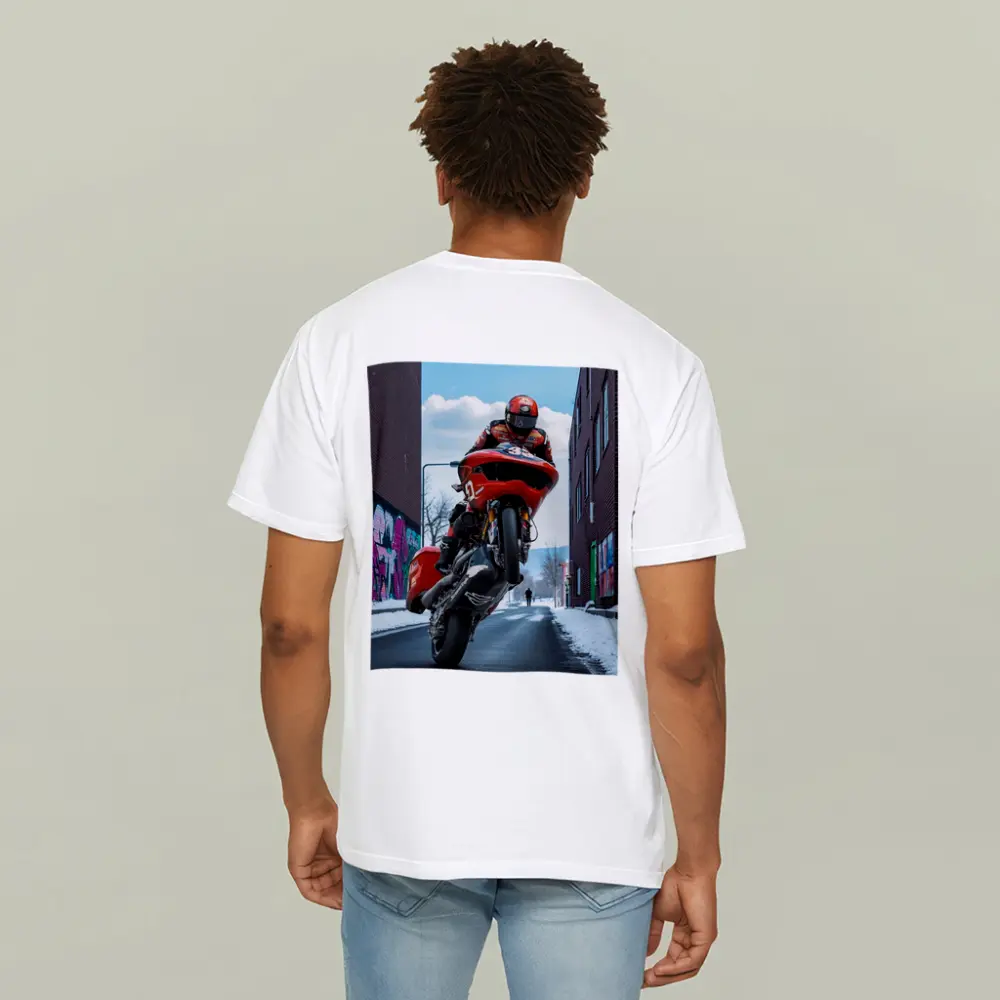 Red Motorcycle Wheelie Urban Street Winter – T-Shirts