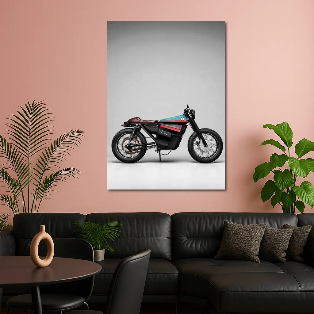 Electric Cafe Racer Motorcycle Gray Studio Background – Wall Art