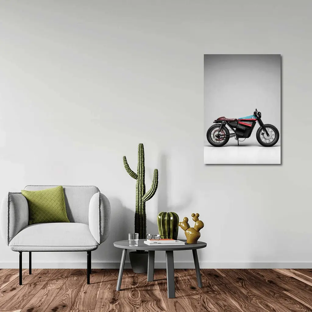 Electric Cafe Racer Motorcycle Gray Studio Background – Wall Art